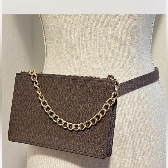 Michael Kors-Signature Logo Design-Adjustable Brown Belt with gold chain Bag - Picture 2 of 5